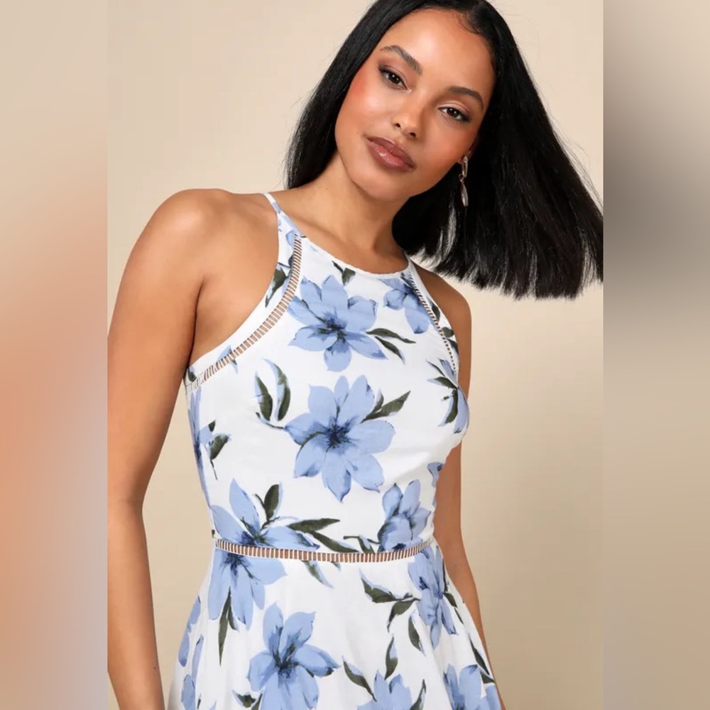 Lulus Blue and White Floral Midi Dress